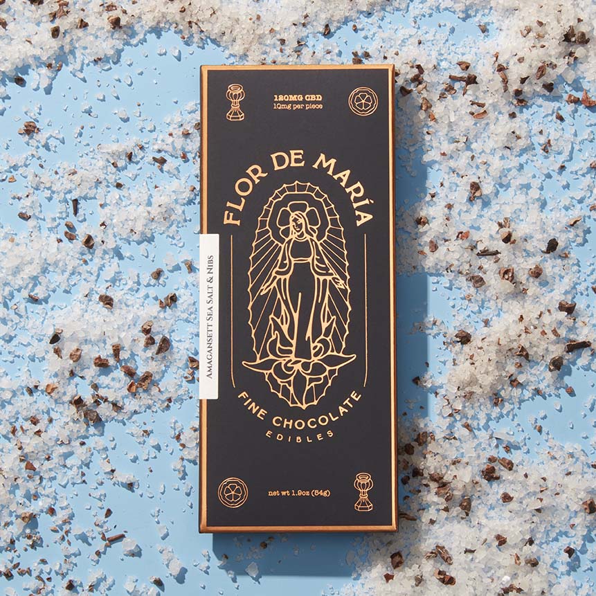 flor de maria CBD infused dark chocolate bar cacao nibs and sea salt