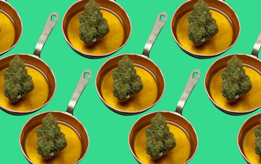 cannabis buds in frying pans